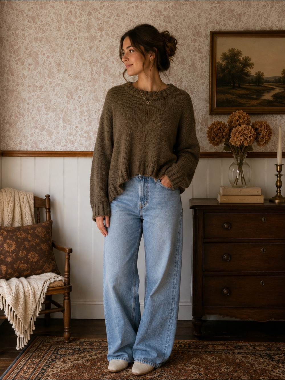 aerie Oversized Scoop-Neck Sweater in Olive Brown